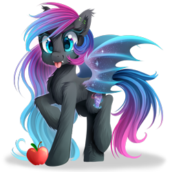 Size: 1900x1900 | Tagged: safe, artist:meotashie, derpibooru import, oc, oc only, bat pony, pony, apple, bat pony oc, female, food, simple background, solo, tongue, tongue out, transparent background