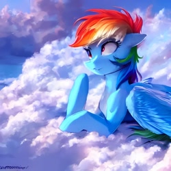 Size: 1024x1024 | Tagged: safe, derpibooru import, machine learning generated, rainbow dash, pegasus, pony, :3, cloud, lying down, lying on a cloud, on a cloud, smiling, solo