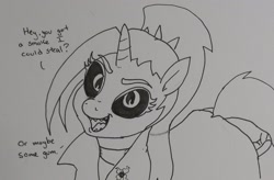 Size: 2048x1344 | Tagged: safe, artist:pony quarantine, derpibooru import, oc, oc only, oc:dyx, alicorn, pony, black sclera, dialogue, female, filly, foal, grayscale, monochrome, open mouth, requested art, solo, talking to viewer, traditional art