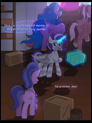 Size: 6000x8000 | Tagged: safe, artist:sinrinf, derpibooru import, cookie crumbles, oc, oc:king speedy hooves, oc:princess mythic majestic, oc:queen galaxia, alicorn, pony, unicorn, boxes, comic, comic sans, commission, commissioner:bigonionbean, fusion, glowing, glowing horn, horn, wings