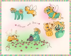 Size: 2048x1604 | Tagged: safe, artist:katputze, derpibooru import, oc, oc only, oc:bee, oc:flower, anthro, bee, bee pony, earth pony, original species, pony, bad teeth, butt, eyes on the prize, female, floating heart, flower, flying, heart, hug, looking back, male, mare, oc x oc, open mouth, open smile, plot, shipping, smiling, stallion, tongue, tongue out, watering can
