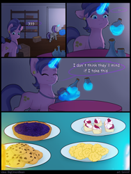 Size: 6000x8000 | Tagged: safe, artist:sinrinf, derpibooru import, cookie crumbles, oc, oc:princess mythic majestic, alicorn, pony, unicorn, blueberry pie (food), commission, commissioner:bigonionbean, cookie, food, glowing, glowing horn, horn, pie, potion