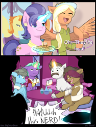 Size: 6000x8000 | Tagged: safe, artist:sinrinf, derpibooru import, cookie crumbles, firelight, hondo flanks, mane allgood, snap shutter, stormy flare, wind rider, earth pony, pegasus, pony, unicorn, absurd resolution, card game, comic, commission, commissioner:bigonionbean, eyes closed, female, glowing, glowing horn, horn, mare, open mouth, potion, smiling, wings