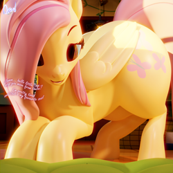 Size: 2048x2048 | Tagged: safe, artist:quicktimepony, derpibooru import, part of a set, fluttershy, pegasus, pony, 3d, alternate hairstyle, blender, butt, cottage, dialogue, huge butt, large butt, looking down, micro, plot, signature, size difference, thick, wings