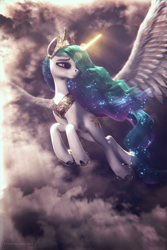 Size: 3840x5760 | Tagged: safe, artist:etherium-apex, princess celestia, alicorn, pony, 3d, blender, blender eevee, cloud, female, flying, glowing horn, horn, looking back, looking to side, looking to the right, mare, solo