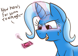 Size: 704x508 | Tagged: safe, artist:xppp1n, trixie, unicorn, condom, dialogue, female, flushed face, mare, pin, simple background, solo, sweatdrops, transparent background