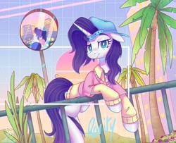 Size: 3052x2480 | Tagged: safe, artist:musicfirewind, derpibooru import, rarity, pony, unicorn, alternate hairstyle, backwards ballcap, baseball cap, cap, clothes, disguise, ears, female, floppy ears, hat, high res, looking at you, mare, palm tree, plainity, solo, tree, unamused, white pupils