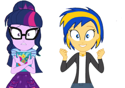 Size: 1280x899 | Tagged: safe, artist:mlpfan3991, artist:yaya54320bases, derpibooru import, sci-twi, twilight sparkle, oc, oc:flare spark, equestria girls, book, duo, duo female, equestria girls-ified, excited, female, fist pump, glasses, happy, pose, simple background, smiling, transparent background