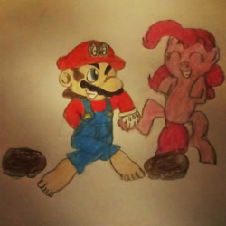 Size: 894x894 | Tagged: artist needed, source needed, safe, derpibooru import, pinkie pie, earth pony, human, pony, barefoot, crossover shipping, feet, female, male, mario, mariopie, shipping, straight, super mario bros., traditional art