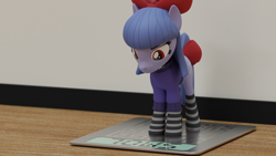 Size: 3840x2160 | Tagged: safe, artist:the luna fan, derpibooru exclusive, derpibooru import, oc, oc only, oc:cosmia nebula, 3d, angry, blender, blender cycles, bow, clothes, red eyes, scale, socks, stockings, striped socks, sweater, thigh highs, wooden floor