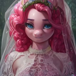 Size: 1024x1024 | Tagged: safe, artist:astraliteheart, derpibooru import, generator:stable diffusion, machine learning generated, pinkie pie, anthro, earth pony, breasts, bust, clothes, dress, female, looking at you, solo, wedding dress