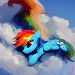 Size: 1024x1024 | Tagged: safe, artist:zealousmagician, derpibooru import, machine learning generated, rainbow dash, pegasus, pony, cloud, female, lying down, lying on a cloud, mare, on a cloud, red eyes, solo