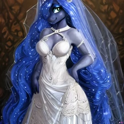 Size: 1024x1024 | Tagged: safe, artist:astraliteheart, derpibooru import, generator:stable diffusion, machine learning generated, princess luna, alicorn, anthro, breasts, cleavage, clothes, dress, female, hair over one eye, long mane, looking at you, smiling, solo, veil, white dress