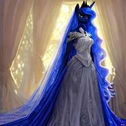 Size: 1024x1024 | Tagged: safe, artist:astraliteheart, derpibooru import, generator:stable diffusion, machine learning generated, princess luna, alicorn, anthro, backlighting, clothes, curtains, dress, female, long mane, solo, white dress, window