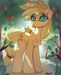 Size: 3282x4013 | Tagged: safe, artist:jfrxd, derpibooru import, applejack, earth pony, pony, apple, apple tree, chest fluff, cowboy hat, cute, dappled sunlight, eyebrows, eyebrows visible through hair, female, hat, high res, jackabetes, mare, solo, tree