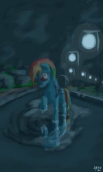 Size: 614x1024 | Tagged: safe, artist:chickhawk96, derpibooru import, rainbow dash, pegasus, pony, night, puddle, raised hoof, raised leg, reflection, solo, street