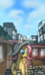 Size: 614x1024 | Tagged: safe, artist:chickhawk96, derpibooru import, fluttershy, pegasus, pony, city, hat, market, solo, street