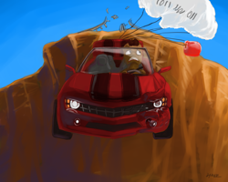 Size: 1280x1024 | Tagged: safe, artist:chickhawk96, derpibooru import, pony, car, chevrolet camaro, cliff, driving, falling, parachute, solo