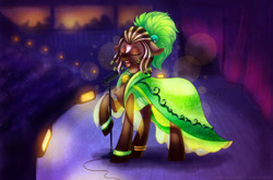 Size: 1100x726 | Tagged: safe, artist:limreiart, derpibooru import, oc, oc:scrappy rug, pegasus, clothes, dress, fanfic art, microphone, pegasus oc, singing, spotted