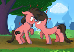 Size: 1754x1240 | Tagged: safe, artist:mrkat7214, derpibooru import, oc, oc only, oc:ace play, oc:cutie e, earth pony, pony, blushing, boop, confused, facial hair, female, goatee, looking at each other, looking at someone, male, mare, noseboop, question mark, raised hoof, raised leg, rule 63, self paradox, self ponidox, stallion, tree