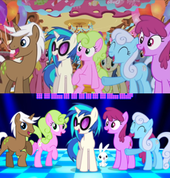 Size: 1000x1050 | Tagged: safe, derpibooru import, edit, screencap, angel bunny, berry punch, berryshine, blues, bon bon, cherry berry, daisy, dj pon-3, flower wishes, linky, mochaccino, noteworthy, rare find, shoeshine, sweetie drops, vinyl scratch, earth pony, pony, rabbit, unicorn, magical mystery cure, ^^, animal, balloon, comparison, dj pon-3 presents my little pony: friendship is magic remixed, eyes closed, female, male, mare, open mouth, raised hoof, raised leg, stallion