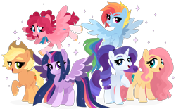 Size: 4836x3000 | Tagged: safe, artist:kabuvee, derpibooru import, applejack, fluttershy, pinkie pie, rainbow dash, rarity, twilight sparkle, twilight sparkle (alicorn), alicorn, earth pony, pegasus, pony, earth pony fluttershy, female, high res, looking at you, mane six, mare, open mouth, pegasus pinkie pie, race swap, simple background, smiling, transparent background