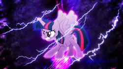 Size: 3840x2160 | Tagged: safe, artist:cloudyglow, artist:game-beatx14, derpibooru import, edit, twilight sparkle, twilight sparkle (alicorn), alicorn, pony, angry, female, high res, lightning, mare, solo, spread wings, wallpaper, wallpaper edit, wings