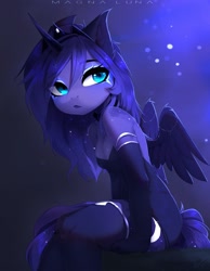 Size: 2430x3133 | Tagged: safe, artist:magnaluna, derpibooru import, princess luna, alicorn, anthro, bare shoulders, breasts, cleavage, clothes, dress, evening gloves, female, gloves, high res, horn, long gloves, looking at you, looking back, mare, minidress, open-back dress, sitting, skindentation, sleeveless, solo, stockings, strapless, thigh highs, wings