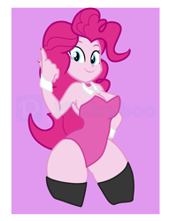 Size: 4000x5216 | Tagged: safe, artist:milkyboo898, derpibooru import, pinkie pie, human, equestria girls, breasts, bunny suit, cleavage, clothes, cuffs (clothes), humanized, leotard, looking at you, obtrusive watermark, pink background, pinkie pies, raised finger, sexy, simple background, smiling, socks, solo, thigh highs, watermark