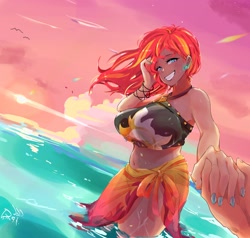 Size: 2000x1900 | Tagged: safe, artist:sozglitch, derpibooru import, sunset shimmer, oc, oc:generic messy hair anime anon, human, beach, belly button, big breasts, bikini, breasts, clothes, female, grin, holding hands, huge breasts, humanized, male, male pov, nail polish, ocean, offscreen character, offscreen male, plump, pov, sarong, smiling, solo focus, sunset, sunset jiggler, swimsuit, water, wet, windswept hair