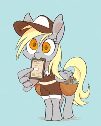 Size: 1585x1962 | Tagged: safe, artist:noupu, derpibooru import, derpy hooves, pegasus, pony, bag, blue background, clipboard, cute, derpabetes, hat, mailbag, mailmare, mailmare uniform, mailpony, mouth hold, pointing, simple background, wing hands, wings