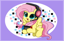 Size: 4139x2689 | Tagged: safe, artist:kittyrosie, derpibooru import, fluttershy, pegasus, pony, blushing, cute, female, gamershy, headphones, headset, mare, microphone, nintendo switch, open mouth, open smile, shyabetes, smiling