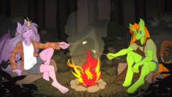 Size: 1280x720 | Tagged: safe, artist:pony straponi, derpibooru import, oc, oc only, oc:arc pyre, oc:nebula eclipse, oc:way right, anthro, bat pony, phoenix, unicorn, 16:9, bat pony oc, campfire, colored, commission, flat colors, food, forest, horn, marshmallow, night, unicorn oc