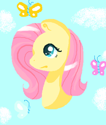 Size: 301x356 | Tagged: safe, artist:lindasaurie, derpibooru exclusive, derpibooru import, fluttershy, butterfly, pony, bust, cloud, lineless, ms paint, shading, sky