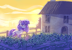 Size: 2000x1407 | Tagged: safe, artist:cherrnichka, derpibooru import, oc, oc only, oc:cherrnichka, unicorn, female, fence, garden, house, mare, solo, watering can