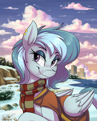 Size: 2950x3700 | Tagged: safe, artist:kaylerustone, derpibooru import, oc, oc only, oc:azimuth, pegasus, pony, background, building, clothes, cloud, female, grass, high res, looking at you, mare, ocean, piercing, scarf, scenery, shore, smiling, snow, solo, striped scarf, water, winter