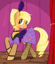 Size: 1253x1454 | Tagged: safe, artist:sallycars, derpibooru import, applejack, earth pony, pony, over a barrel, alternate hairstyle, applejack also dresses in style, clothes, clothes swap, dress, female, fishnet stockings, freckles, looking at you, mare, ms paint, see-through, solo, style emulation