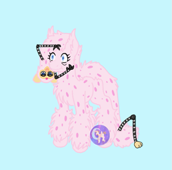 Size: 569x564 | Tagged: safe, artist:luna_mcboss, derpibooru import, pony, blue background, chest fluff, cursed, cursed image, ear fluff, ears, feathered fetlocks, fluffy, furby, leg fluff, long furby, pink coat, pink pony, polka dots, simple background, spots, watermark