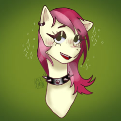 Size: 1000x1000 | Tagged: safe, artist:sizack, derpibooru import, roseluck, earth pony, pony, blushing, bust, choker, ear piercing, earring, eyebrows, eyebrows visible through hair, eyeshadow, female, jewelry, lidded eyes, looking at you, makeup, open mouth, open smile, piercing, simple background, smiling, solo, solo female, sparkles, spiked choker