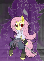 Size: 1200x1650 | Tagged: safe, artist:unoriginalcharacterpleasesteal, derpibooru import, fluttershy, bear, pegasus, pony, ursa, bipedal, female, mare, naruto, sharingan, solo, susanoo, sword, uchiha sasuke, weapon