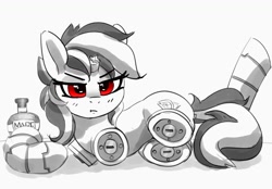 Size: 1199x834 | Tagged: safe, artist:pabbley, derpibooru import, oc, oc only, oc:blackjack, cyborg, pony, unicorn, fallout equestria, fallout equestria: project horizons, amputee, broken horn, cybernetic legs, female, frown, grayscale, horn, looking at you, mare, monochrome, neo noir, partial color, prosthetic leg, prosthetic limb, prosthetics, simple background, solo, white background