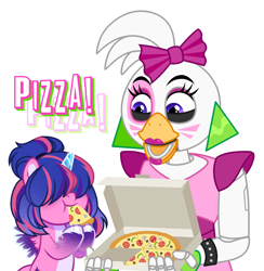Size: 2000x2050 | Tagged: safe, artist:lunxaiponi, derpibooru import, oc, oc:estella sparkle, alicorn, bird, chicken, pony, alicorn oc, animatronic, bow, broken horn, chica, coat markings, commission, crossover, duo, ear piercing, earring, eating, female, five nights at freddy's, five nights at freddy's: security breach, food, hair bow, hair over eyes, horn, jewelry, mare, multicolored hair, offspring, parent:flash sentry, parent:twilight sparkle, parents:flashlight, piercing, pizza, pizza box, simple background, spiked wristband, unshorn fetlocks, white background, wings, wristband, ych result