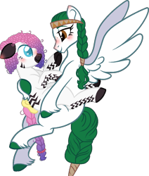 Size: 832x983 | Tagged: safe, artist:yeetmedownthestairs, derpibooru import, oc, oc only, oc:olivia leaf, oc:zuri sambo, pegasus, pony, zebra, blushing, bow, commission, cute, duo, female, freckles, headband, hug, lesbian, looking at each other, looking at someone, mare, oc x oc, shipping, simple background, tail, tail bow, transparent background, unshorn fetlocks, zebra oc
