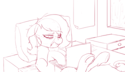 Size: 1702x980 | Tagged: safe, artist:anonymous, ponerpics import, oc, oc:anon filly, earth pony, pony, bed, computer, female, filly, foal, frown, laptop computer, lying down, mare, monochrome, on back, pillow, rain, sad, window