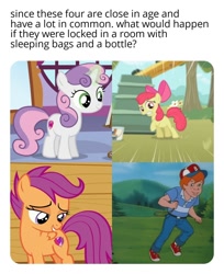 Size: 1126x1382 | Tagged: safe, screencap, apple bloom, danny williams, scootaloo, sweetie belle, earth pony, human, pegasus, pony, unicorn, friendship is magic, g1, g4, my little pony 'n friends, on your marks, the great rainbow caper, the show stoppers, children, female, filly, foal, male, sleepover