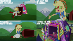 Size: 4400x2475 | Tagged: safe, derpibooru import, edit, edited screencap, editor:quoterific, screencap, applejack, pinkie pie, accountibilibuddies, better together, equestria girls