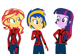 Size: 1316x919 | Tagged: safe, artist:mlpfan3991, artist:yaya54320bases, derpibooru import, sunset shimmer, twilight sparkle, oc, oc:flare spark, equestria girls, female, friends, marvel, marvel comics, simple background, smiling, spider-man, spider-man: no way home, superhero, transparent background, trio, trio female