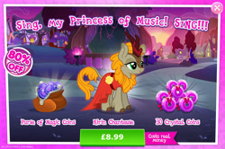 Size: 1958x1300 | Tagged: safe, derpibooru import, kirin, advertisement, background character, background kirin, beauty mark, clothes, cloven hooves, costs real money, dress, english, fall flower, female, flower, gameloft, horn, magic coins, mobile game, my little pony: magic princess, numbers, official, phantom of the opera, sale, solo, solo focus, text
