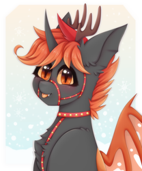 Size: 2000x2400 | Tagged: safe, artist:saltyvity, derpibooru import, oc, oc:teen spirit, alicorn, changedling, changeling, hybrid, pony, bat wings, black, blushing, bridle, christmas, christmas changeling, commission, cute, ear fluff, ears, embarrassed, fawn, fluffy, happy new year, harness, holiday, horn, licking, licking lips, orange changeling, orange eyes, orange hair, snow, snowfall, snowflake, solo, sparkles, tack, tongue, tongue out, wings, winter