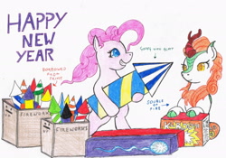 Size: 2238x1570 | Tagged: safe, artist:assertiveshypony, derpibooru import, autumn blaze, pinkie pie, earth pony, kirin, pony, bipedal, bipedal running, box, boxers, crates, drawing, fireworks, happy new year, happy new year 2023, holiday, implied nirik, running, running with fireworks, simple background, smiling, this will end in explosions, traditional art